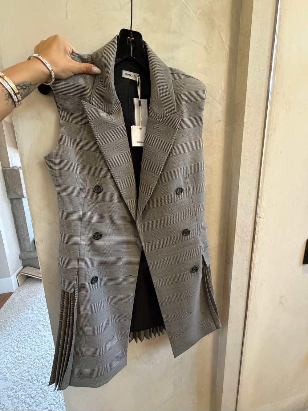 Sleeveless Grey Plaid Double-Breasted Dress Vest